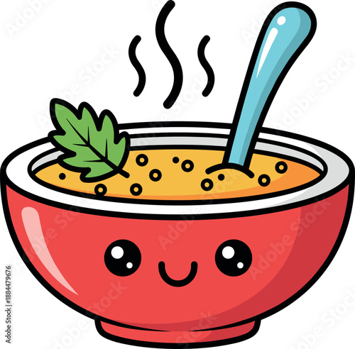 Cute cartoon hot soup bowl vector illustration with happy face and spoon for healthy food cafe design.