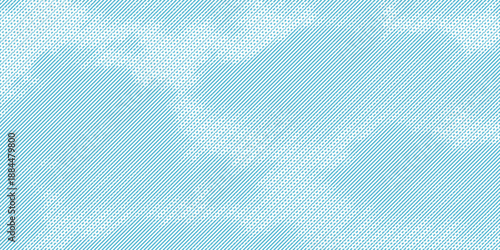 Sky cloud vector engraving texture background. Bright blue sky and white clouds made by diagonal lines and dots. Retro ink background design.