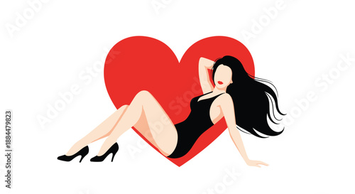 Seductive minimalist pin-up girl with long black hair in a swimsuit, posing elegantly in front of a large red heart shape.
