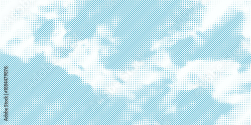 Sky cloud vector engraving texture background. Bright blue sky and white clouds made by diagonal lines and dots. Retro ink background design.