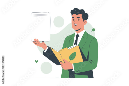 Flat vector illustration of a modern office meeting with presentation screen. Suitable for corporate training, seminars, and business meetings.
