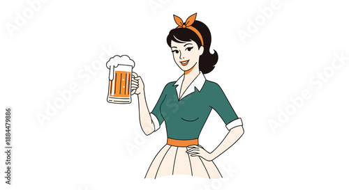 Retro-style illustration of a smiling woman with a headband, wearing a vintage outfit and holding up a frosty mug of beer.