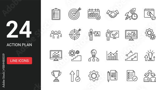 Set of 24 action plan line icons illustrating business strategy, planning, teamwork, goals, productivity, management, analytics, and workflow concepts