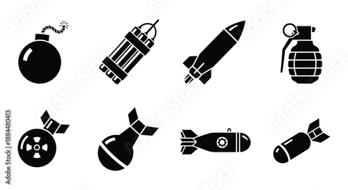 Various types of explosive devices and ordnance depicted in a black and white graphic