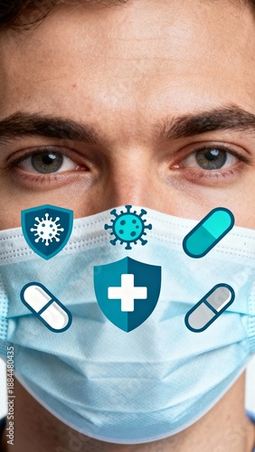 Man wearing medical mask with health symbols for leprosy awareness  