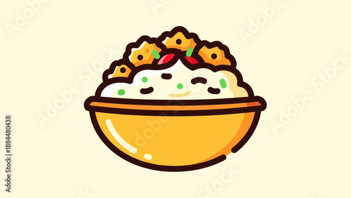 Graphic illustration of a bowl of food with creamy texture and toppings