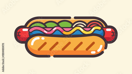 Illustrated hot dog with toppings against a light background for various uses