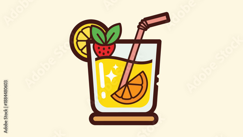 Refreshing juice drink in a glass with orange and straw illustration