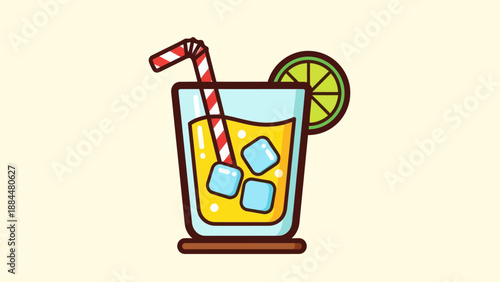 Refreshing juice glass with ice cubes and lime illustration on light background