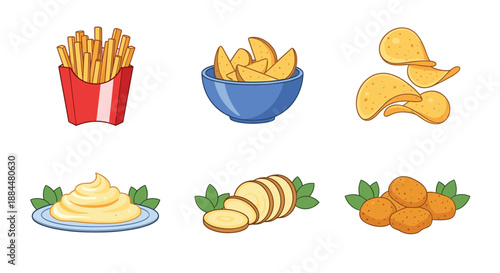 Collection of six delicious potato-based food items including french fries, chips, wedges, and mashed potatoes illustrations.