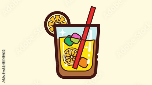 Refreshing orange drink in glass with ice and straw illustration