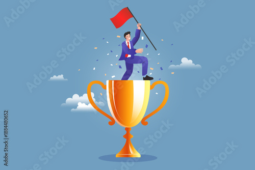 Happy businessman holding a red flag standing on top of a giant golden champion trophy. Vector illustration showing success victory and achieving number one position in business competition.