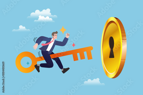 Happy businessman riding a large golden key flying towards a coin with a keyhole. Vector illustration about finding the key to financial success and unlocking wealth opportunities.