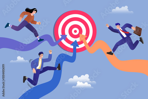 Business team running fast on arrow paths towards a large red target dartboard. Vector illustration showing concept of setting goals achieving success and focusing on market strategy.