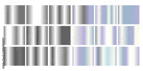 Metallic hologram frame collection with gradient transitions from silver chrome to iridescent rainbow finishes for modern design. Rectangular borders with reflective surfaces and color shifting effect