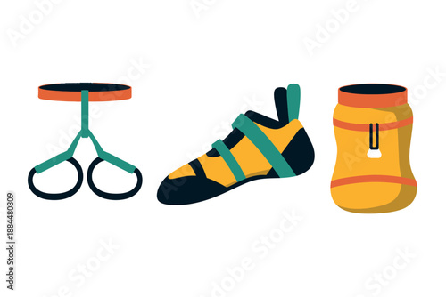 Climbing gear, equipment, and accessories, colorful illustration of shoe, chalk bag, and hangboard