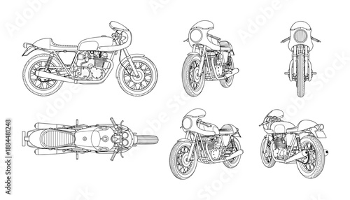 Classic cafe racer motorcycle vector blueprints showing multiple view angles set