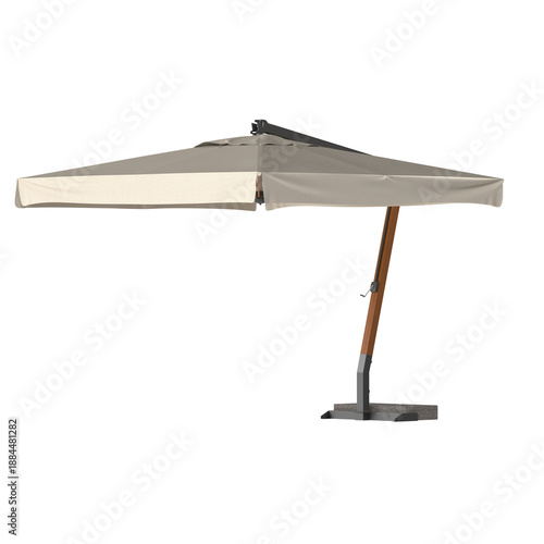 Obraz na płótnie Modern cantilever patio umbrella with wooden pole and stone base, neutral tones