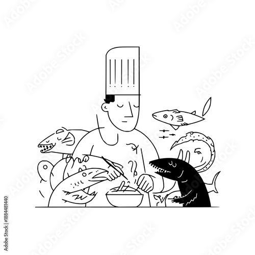 Chef cooking fish seafood recipe food restaurant cuisine culinary art gastronomy gourmet dish preparation meal art