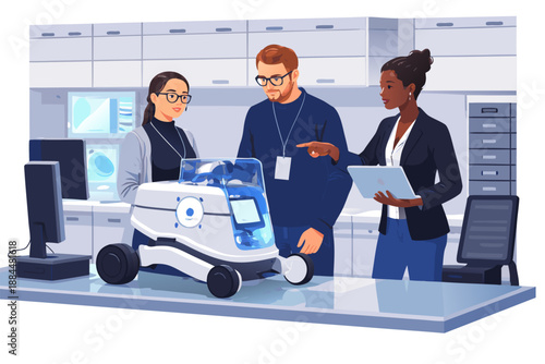 Unmanned service robot undergoing maintenance and software updates by the technical team in an office environment.