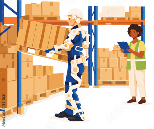 Worker wearing a smart exoskeleton in a logistics warehouse easily carrying and stacking heavy loads.