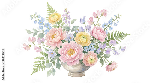 Watercolor floral arrangement with peonies