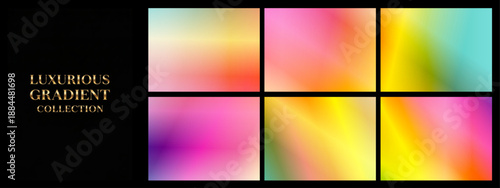 Bright rainbow gradients blend in soft, luminous squares on black, creating energetic, modern backdrops ideal for trendy branding, posters, social media, and digital art.
