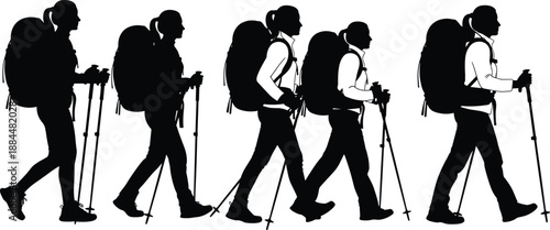 Hiking and backpacking silhouettes of trekkers walking with poles, outdoor adventure travel concept, group of hikers in motion, black silhouettes isolated on white background