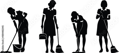 Housekeeping and cleaning service silhouettes showing maid mopping sweeping and floor care tasks, professional domestic work and janitorial maintenance concept, 
