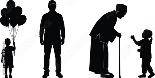 Human life stages silhouettes showing childhood adulthood and elderly moments, family generations concept, black silhouettes isolated on white, timeless growth evolution metaphor illustration