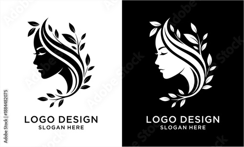 Elegant Woman Silhouette with Flowing Hair and Botanical Elements.