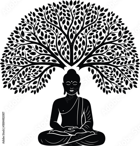 Meditating Buddha silhouette beneath sacred bodhi tree, spiritual enlightenment, mindfulness, inner peace and harmony concept black vector illustration