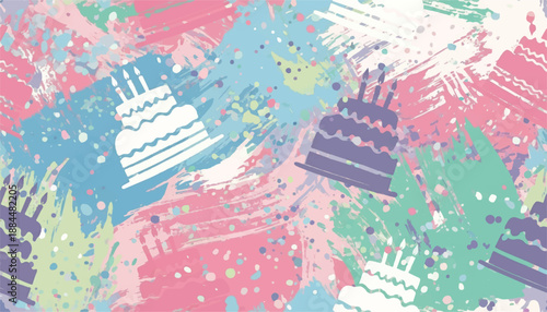 Birthday Cake Seamless Pattern with Pastel Paint Splatter and Colorful Confetti Sprinkles