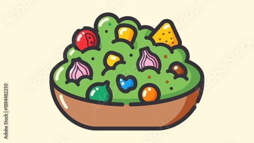 Fresh guacamole bowl with colorful garnishes isolated illustration