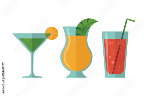 Colorful illustration of three cocktails with straws and garnishes on a white background