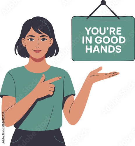 Flat vector illustration of a woman presenting a “You’re in good hands” message related to service, support, and trust. Suitable for customer service, healthcare, and corporate branding visuals.
