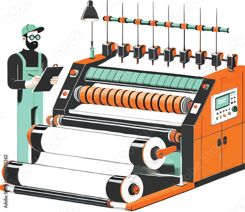 Man Operating Industrial Fabric Machine Illustration