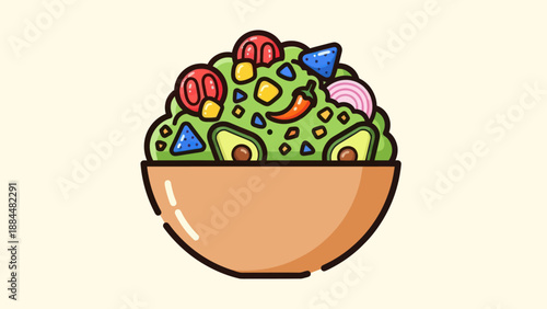 Fresh guacamole bowl with vegetables and tortilla chips illustration