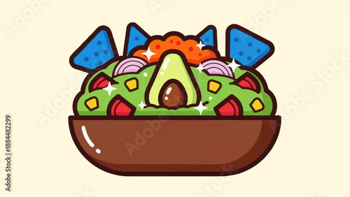 Fresh guacamole bowl with tortilla chips illustration on a light background