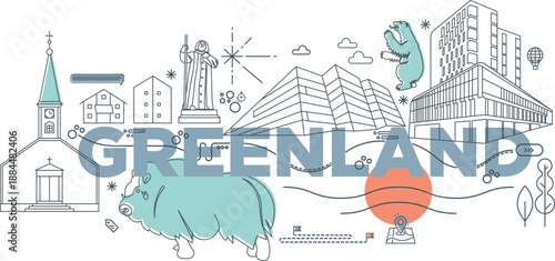 Typography word Greenland branding technology concept. Collection of flat vector web icons. Scandinavia culture travel set, famous architectures, Memphis detailed silhouette European famous landmark