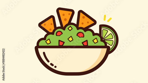 Fresh guacamole with tortilla chips and lime in a white bowl illustration