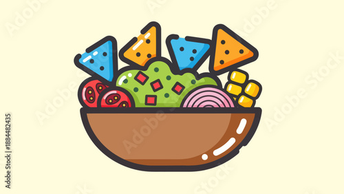 Fresh guacamole with tortilla chips in bowl illustration