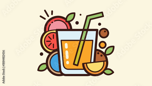 Fresh juice glass with fruit slices illustration for refreshing beverage design