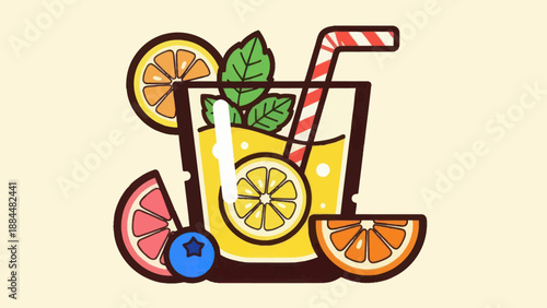 Fresh juice illustration with citrus fruits and straw for healthy drink concept