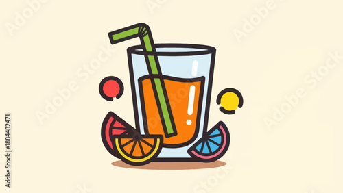 Fresh juice in a glass with straw and fruits illustration on light background