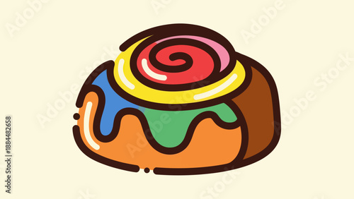 Delicious cinnamon roll illustration with colorful icing isolated on cream