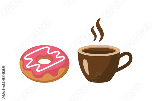 Colorful illustration of donut and coffee cup on white background with steam rising