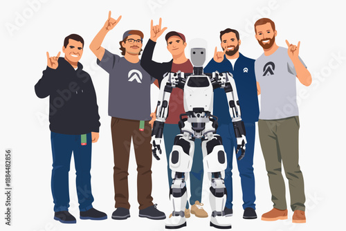 Scientists gathering in the lab and successfully standing up an advanced humanoid robot.