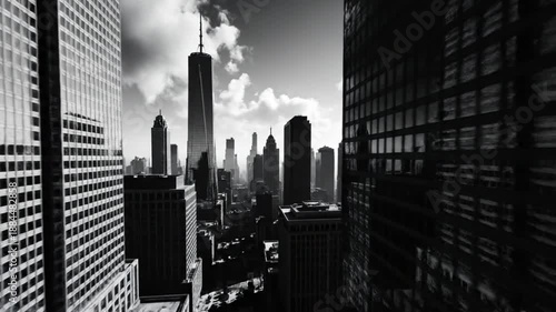 Cinematic black and white aerial flight through New York City skyscrapers towards One World Trade Center.