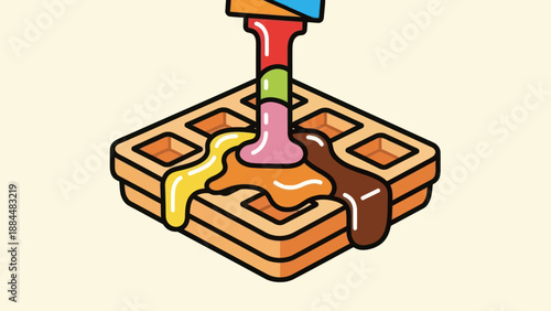 Colorful syrup pouring on a square waffle illustration for food design